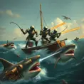Six robots on a boat with harpoons, battling sharks with lasers strapped to their heads, Steampunk