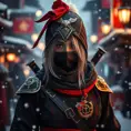 Mysterious beautiful white kunoichi ninja wearing black, red and gold in the streets of a dark snowy town in russia, Intricate Details, Bokeh effect, Photo Realistic, Volumetric Lighting