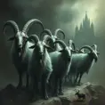 A flock of evil goats monsters, Eldritch, Fantasy, Apocalyptic, Doom, Dreadful, Forbidding, Frightful, Harrowing, Ominous, Shocking, Terrifying, Threatening, Unnerving