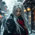 Mysterious beautiful white kunoichi ninja wearing black, red and gold in the streets of a dark snowy town in russia, Intricate Details, White Hair, Photo Realistic by Stefan Kostic