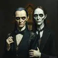 American Gothic with Gomez and Morticia Addams, Intricate Artwork, Intricate Details, Half Body, Beautiful, Matte Painting, Sharp Focus, Portrait, Fantasy, Threatening by Stefan Kostic
