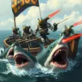 Six robots on a boat with harpoons, battling sharks with lasers strapped to their heads, Highly Detailed, Steampunk by Stanley Artgerm Lau