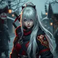 Mysterious beautiful white kunoichi ninja wearing black, red and gold in the streets of a dark snowy town in russia, 8k, Intricate Details, Trending on Artstation, White Hair by Stanley Artgerm Lau