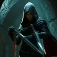 Full body matte portrait of a veiled female Assassin with daggers in a dungeon, Highly Detailed, Gothic and Fantasy, Volumetric Lighting, Fantasy, Threatening by Greg Rutkowski