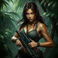 Full body portrait of a beautiful armed Lara Croft emerging from the jungle, Highly Detailed, Intricate, Sharp Focus, Volumetric Lighting, Fantasy, Elegant, Threatening by Stanley Artgerm Lau