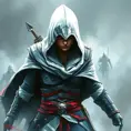 White hooded Assassin's Creed female assassin emerging from the fog of battle, Highly Detailed, Vibrant Colors, Ink Art, Fantasy, Dark by Stanley Artgerm Lau