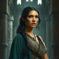 Matte portrait of Pocohontas inside a castle, Ultra Detailed, Half Body, Beautiful, Matte Painting, Sharp Focus, Portrait, Fantasy by Stefan Kostic