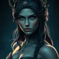 Matte portrait of the beautiful Artemis in dark blue, Highly Detailed, Intricate, Realistic, Sharp Focus, Volumetric Lighting, Fantasy, Elegant