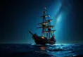 Pirate Ship in high seas on a dark starry night, Intricate, Ultra Detailed, Symmetry, Beautiful, Sharp Focus, Astrophotography, Centered, Volumetric Lighting