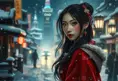 Mulan in a snowy tokyo town at night, Intricate Artwork, Intricate Details, Half Body, Beautiful, Matte Painting, Sharp Focus, Portrait, Fantasy, Threatening by Stefan Kostic