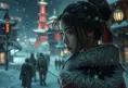 Mulan in a snowy tokyo town at night, Intricate Artwork, Intricate Details, Half Body, Beautiful, Matte Painting, Sharp Focus, Portrait, Fantasy, Threatening by Greg Rutkowski