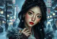 Mulan in a snowy tokyo town at night, Intricate Artwork, Intricate Details, Half Body, Beautiful, Matte Painting, Sharp Focus, Portrait, Fantasy, Threatening by Stefan Kostic