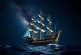 Pirate Ship in high seas on a dark starry night, Intricate, Ultra Detailed, Symmetry, Beautiful, Sharp Focus, Astrophotography, Centered, Volumetric Lighting