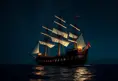 Pirate Ship in high seas on a dark starry night, Intricate, Ultra Detailed, Symmetry, Beautiful, Sharp Focus, Astrophotography, Centered, Volumetric Lighting