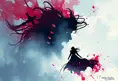 Silhouette of Irelia emerging from the fog of war, ink splash, Highly Detailed, Vibrant Colors, Fantasy, Dark by Stefan Kostic