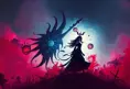 Silhouette of Irelia emerging from the fog of war, ink splash, Highly Detailed, Vibrant Colors, Fantasy, Dark by Stefan Kostic