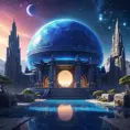 Cosmic round beautiful indigo temple in the center of a futuristic community. Extraterrestrial landscape. Planet sirius. The moon and stars can be seen in the sky even during the day., Sci-Fi, Volumetric Lighting, Vibrant Colors by Greg Rutkowski