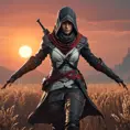 Female assassin creed emerging from a batte field. Sky is colored by a red sun set., Dystopian, Trending on Artstation, Volumetric Lighting by Stefan Kostic