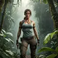 Full body portrait of a beautiful armed Lara Croft emerging from the jungle, Highly Detailed, Intricate, Sharp Focus, Volumetric Lighting, Fantasy, Elegant, Threatening by Greg Rutkowski