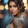 A half body portrait of a beautiful Kassandra with tattoos, Alluring, Half Body, Bokeh effect, Photo Realistic, Sharp Focus, Volumetric Lighting