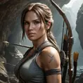 Matte portrait of a beautiful Lara Croft in a cave with arrows, 8k, Highly Detailed, Intricate, Realistic, Sharp Focus, Volumetric Lighting, Fantasy, Elegant by Stanley Artgerm Lau, WLOP