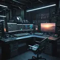 A dark industrial desk from the future with many monitors, Photo Realistic, Volumetric light effect, Octane Render, Unreal Engine, Ambient Occlusion, Maximalism, Industrial by Beeple