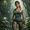 Full body portrait of a beautiful armed Lara Croft emerging from the jungle, Highly Detailed, Intricate, Sharp Focus, Volumetric Lighting, Fantasy, Elegant, Threatening by Greg Rutkowski