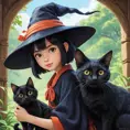 Kiki the witch and Jiji the cat, Highly Detailed, Beautiful, Digital Painting, Anime, Fantasy by Studio Ghibli