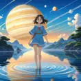 Anime girl walking on water, ripples, backdrop of dawn, saturn in the background, Highly Detailed, Beautiful, Digital Painting, Anime, Fantasy by Studio Ghibli