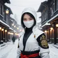 Mysterious beautiful white kunoichi ninja wearing black, red and gold in the streets of a dark snowy town in russia, Intricate Details, Bokeh effect, Photo Realistic, Volumetric Lighting by Stefan Kostic