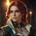 Alluring Triss Merigold as a rouge mage in The Witcher 3 Style, 4k, Highly Detailed, Beautiful, Cinematic Lighting, Sharp Focus, Volumetric Lighting, Closeup Portrait, Concept Art