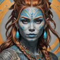 Colorful portrait of a tattooed Aloy with a grey scale face, 4k, Highly Detailed, Hyper Detailed, Powerful, Artstation, Vintage Illustration, Digital Painting, Sharp Focus, Smooth, Concept Art by Stanley Artgerm Lau, Alphonse Mucha, Greg Rutkowski