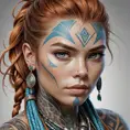 Colorful portrait of a tattooed Aloy with a grey scale face, 4k, Highly Detailed, Hyper Detailed, Powerful, Artstation, Vintage Illustration, Digital Painting, Sharp Focus, Smooth, Concept Art by Stanley Artgerm Lau, Alphonse Mucha, Greg Rutkowski