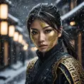 Matte portrait of a mysterious beautiful kunoichi ninja in black and gold wearing eyeliner in the streets of a dark snowy town in tokyo, fluid motion, Intricate, Half Body, Realistic, Sharp Focus, Volumetric Lighting, Elegant by Stefan Kostic