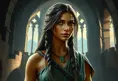 Matte portrait of Pocohontas inside a castle, Ultra Detailed, Half Body, Beautiful, Matte Painting, Sharp Focus, Portrait, Fantasy by Stefan Kostic