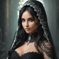 A beautiful veiled Nidalee wearing a lacy black veil, perfect face, Intricate, Half Body, Volumetric Lighting