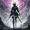 Silhouette of Nier Automata emerging from the fog of war, ink splash, Highly Detailed, Vibrant Colors, Ink Art, Fantasy, Dark by Stanley Artgerm Lau