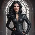 Alluring matte portrait of a beautiful Yennefer wearing a black leather full body suit, 8k, Highly Detailed, Intricate, Realistic, Sharp Focus, Volumetric Lighting, Fantasy, Elegant by Stanley Artgerm Lau, WLOP