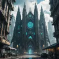 Cyberpunk Cathedral in a dystopian future, Dystopian, Cybernatic and Sci-Fi