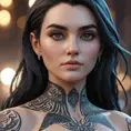 Close up of Morgana with tattoos, 8k, Highly Detailed, Artstation, Bokeh effect, Sharp Focus, Volumetric Lighting, Concept Art by Stanley Artgerm Lau, Greg Rutkowski