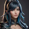 Alluring matte portrait of a beautiful Sona from League of Legends in black leather, 8k, Half Body, Realistic, Volumetric Lighting, Fantasy by Stanley Artgerm Lau, WLOP