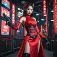 A dangerously armed asian feme fatale in silk red dress at a masquerade ball, Cybernatic and Sci-Fi, Cyberpunk, Sci-Fi