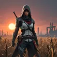 Female assassin creed emerging from a batte field. Sky is colored by a red sun set., Dystopian, Trending on Artstation, Volumetric Lighting