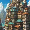 Buildings and homes of a maximalism fantasy city, Highly Detailed, Beautiful, Digital Painting, Anime, Fantasy by Studio Ghibli