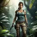 Full body portrait of a beautiful armed Lara Croft emerging from the jungle, Highly Detailed, Intricate, Sharp Focus, Volumetric Lighting, Fantasy, Elegant, Threatening by Greg Rutkowski