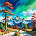 painting of evening sky, low thunder clouds foothpath with trees at indian summer with zugspitze fitz roy in background, colours green, red, blue black and white, acuarela, Highly Detailed, Beautiful, Digital Painting, Anime, Fantasy by Studio Ghibli