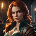 Alluring Triss Merigold as a rouge mage in The Witcher 3 Style, 4k, Highly Detailed, Beautiful, Cinematic Lighting, Sharp Focus, Volumetric Lighting, Closeup Portrait, Concept Art