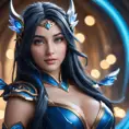 Alluring portrait of a beautiful Irelia from League of Legends in Blue, Highly Detailed, Half Body, Bokeh effect, Photo Realistic, Sharp Focus by Stefan Kostic