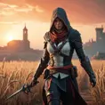 Female assassin creed emerging from a batte field. Sky is colored by a red sun set., Dystopian, Trending on Artstation, Volumetric Lighting by Stefan Kostic