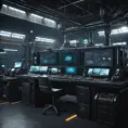 A dark industrial desk from the future with many monitors, Photo Realistic, Volumetric light effect, Octane Render, Unreal Engine, Ambient Occlusion, Maximalism, Industrial by Beeple